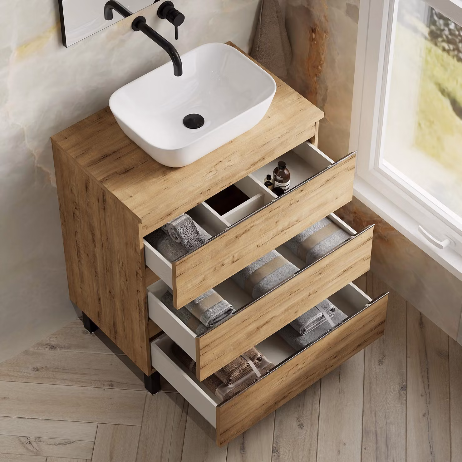 Banyetti Vatilla Floorstanding Bathroom Vanity with Matching Worktop in Ostippo Light Oak, W/D/H: 70 x 45 x 84 cm – 3