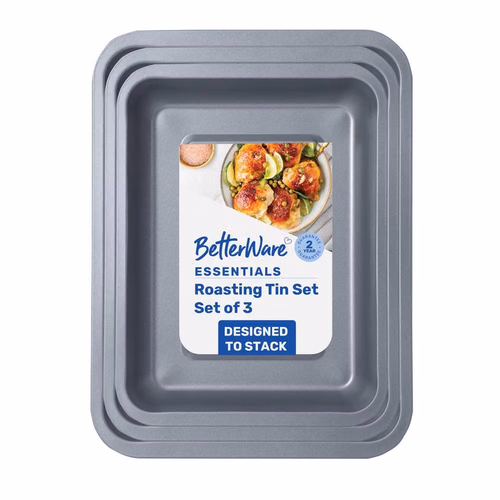 Betterware Essentials Non-Stick 3 Piece Rectangular Roasting Tin Set in Silver – 4