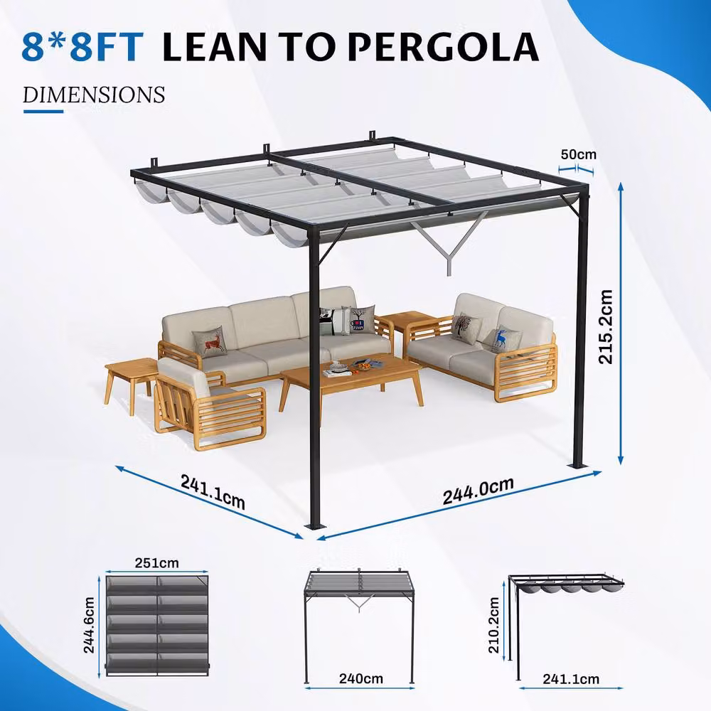 Gartistgo Grey Lean-To Pent Pergola with Retractable Polyester Roof Canopy – 2