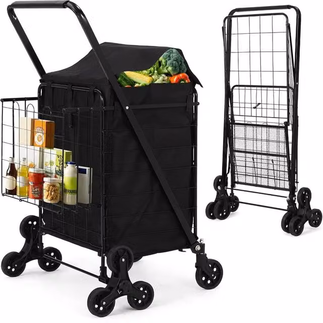 London Boutique Folding Collapsible Climbing Utility Shopping Cart with Basket Liner in Black – 1