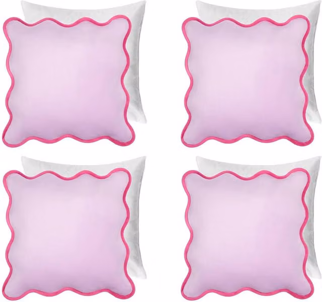 OHS Pack of 4 Square Matte Velvet Scallop Edge Filled Cushions in Purple and Pink