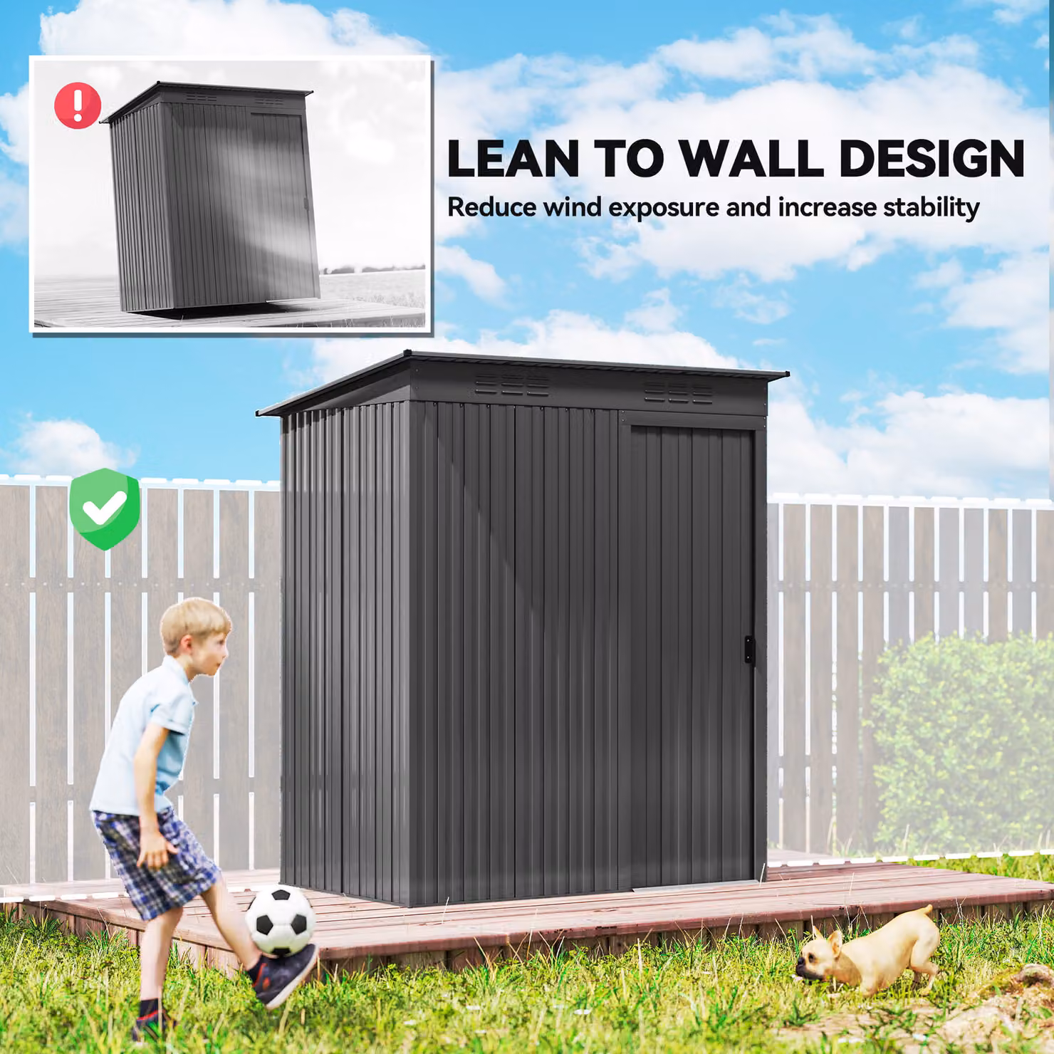 Outsunny Metal Garden Storage Shed in Dark Grey, Waterproof Pent Style Outdoor Lean-to Shed with Sliding Doors and Side Vent – 4