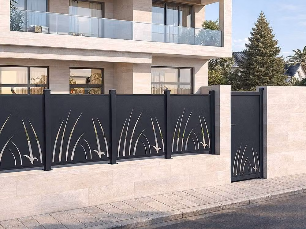 Vente-unique Aluminium Swing Gate with Laser-Cut Botanical Pattern in Dark Grey, W103 x H166 cm – 4