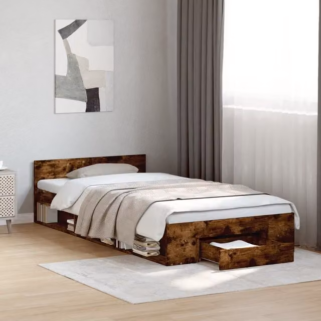 Berkfield Home Modern Bed Frame with Drawers in Smoked Oak Brown, W/D/H: 100 x 200 cm – 1