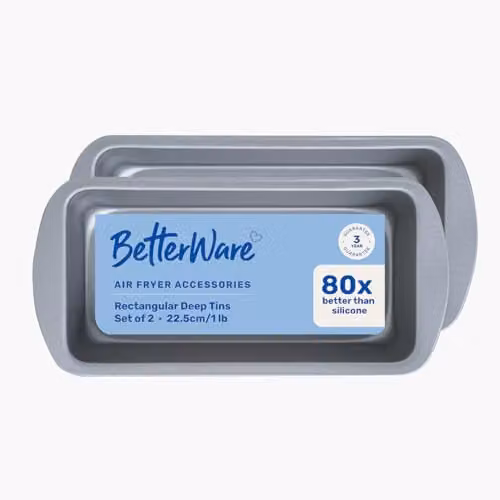 BetterWare Non-Stick Carbon Steel Rectangular Air Fryer Loaf Tin Set of 2, Grey/Silver, W: 22.5 cm – 1