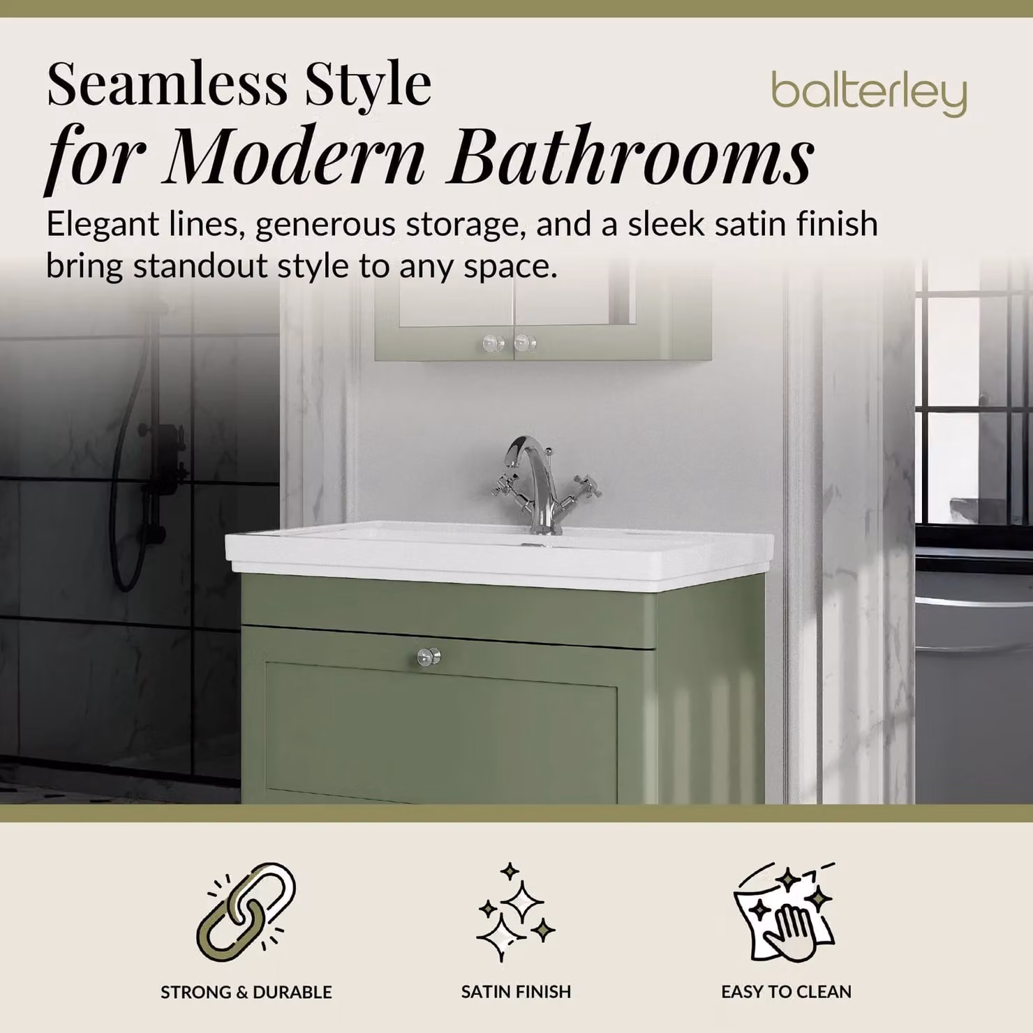 Balterley Wall Hung 1-Drawer Bathroom Vanity Unit and Fireclay Basin, Green, W: 80 cm – 2