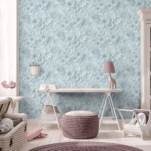 Muriva My Kingdom 3D Textured Origami Flowers Wallpaper in Petrol Blue