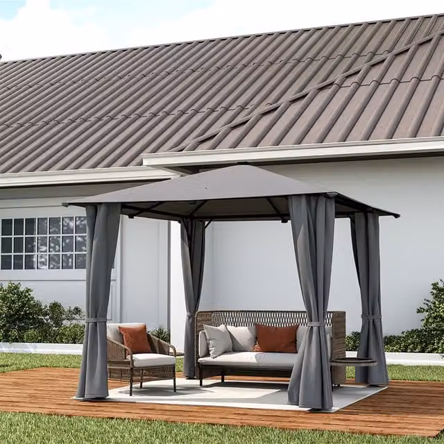 Livingandhome Modern Metal Garden Gazebo Outdoor Canopy Shade with Lights in Grey