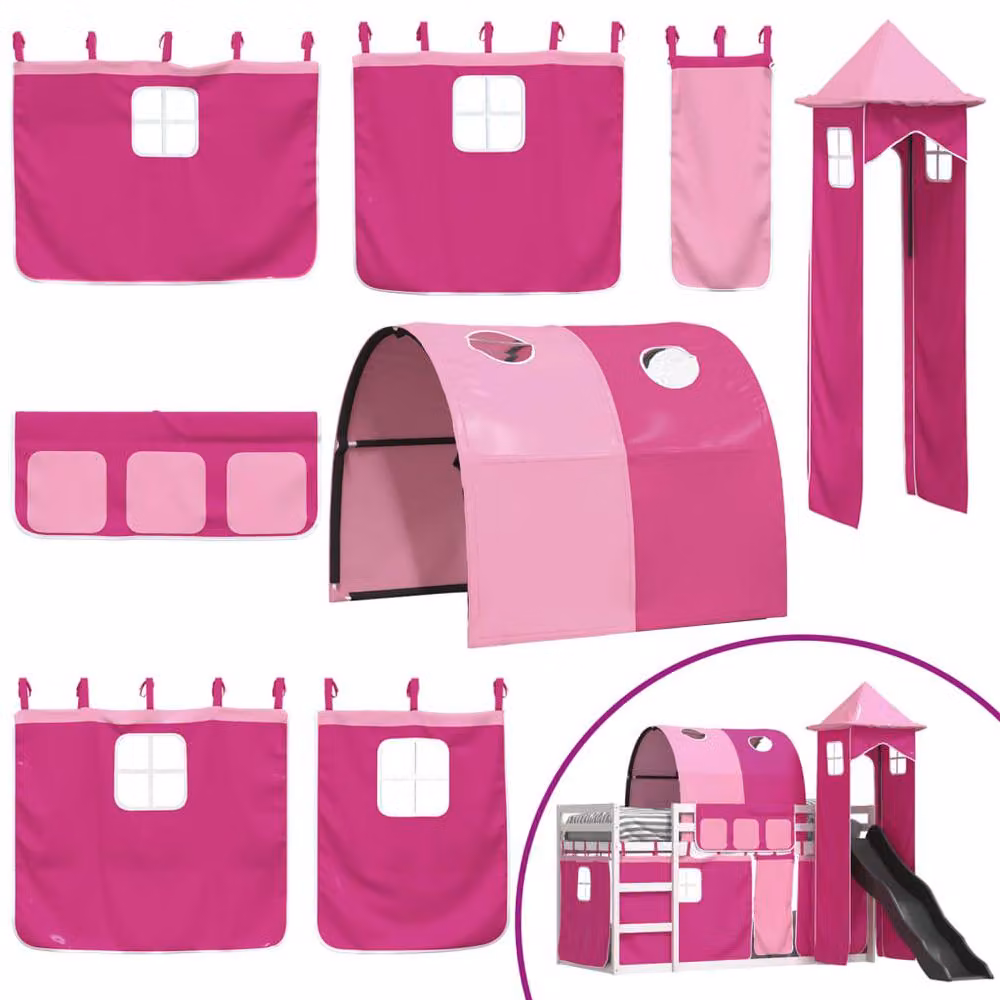 Berkfield Home Pink Solid Wood Childrens Bunk Bed with Slide and Curtains W/D/H: 90 x 200 cm – 4