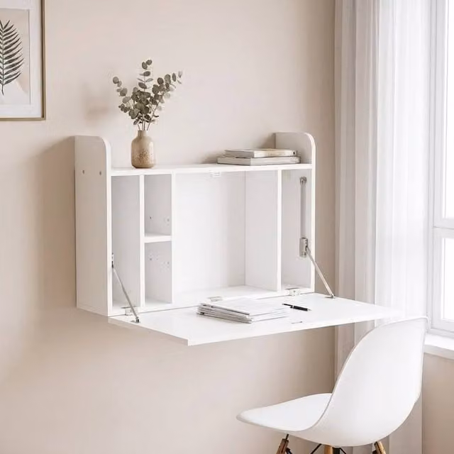STILVORA White Wall-Mounted Floating Desk with Storage and Folding Top – 1