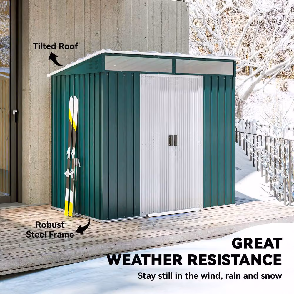 Rolipo Green Galvanised Metal Pent Shed with Sliding Doors and Side Vents, W/D/H: 195 x 122 x 200 cm – 5