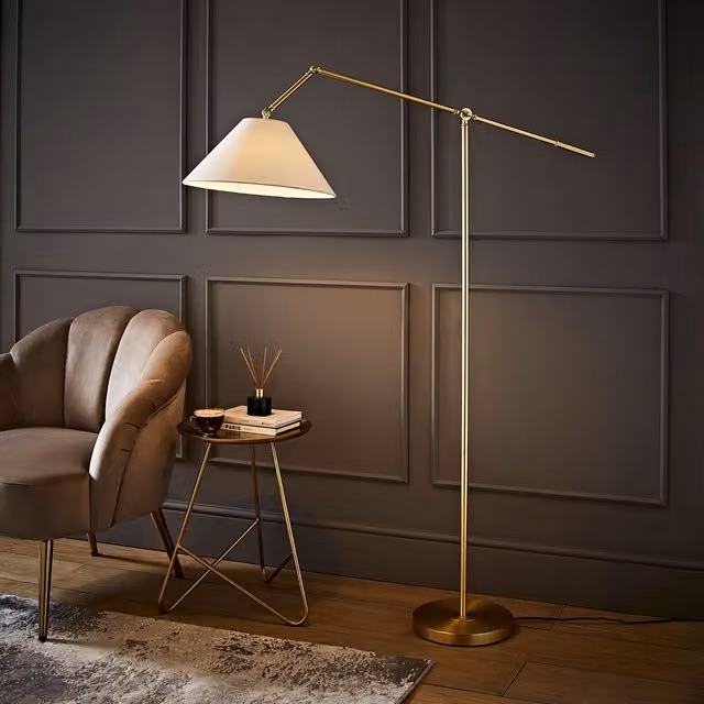 ValueLights Layla Adjustable Gold Floor Lamp with Fabric Cone Shade – 1