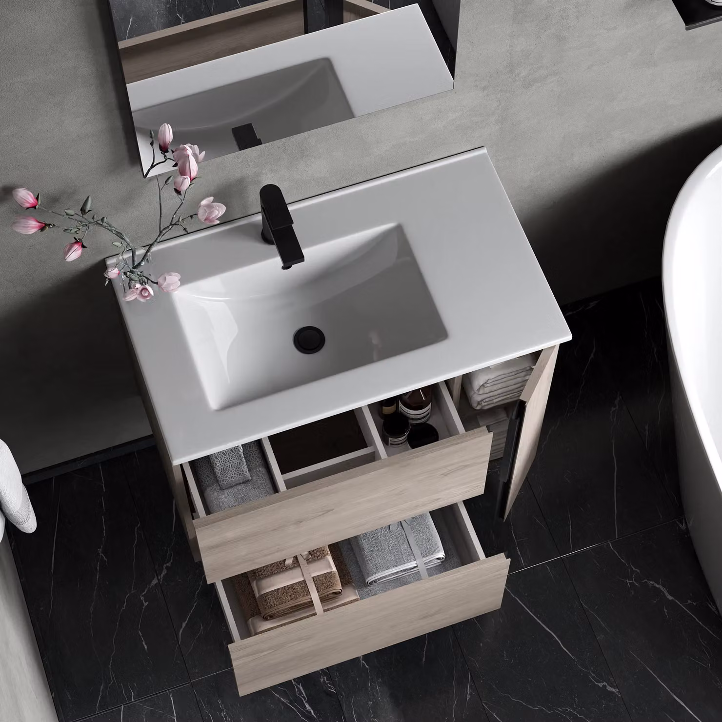 Banyetti Evora 800mm Wall Hung Vanity with Lira Offset Basin in Iron Oak and Light Grey – 2