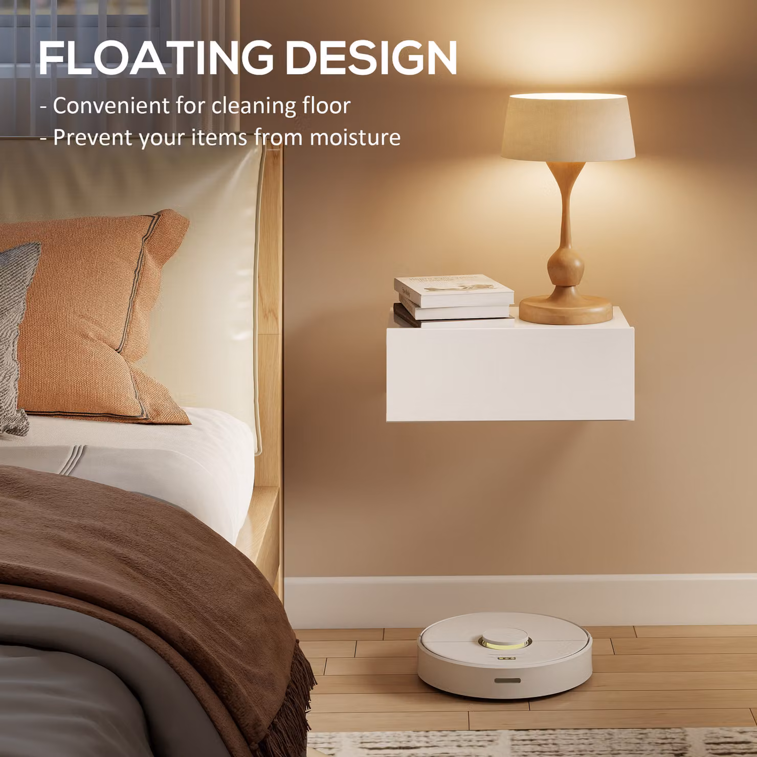 HOMCOM Set of 2 White Wall-Mounted Floating Bedside Tables with Storage Drawer – 2