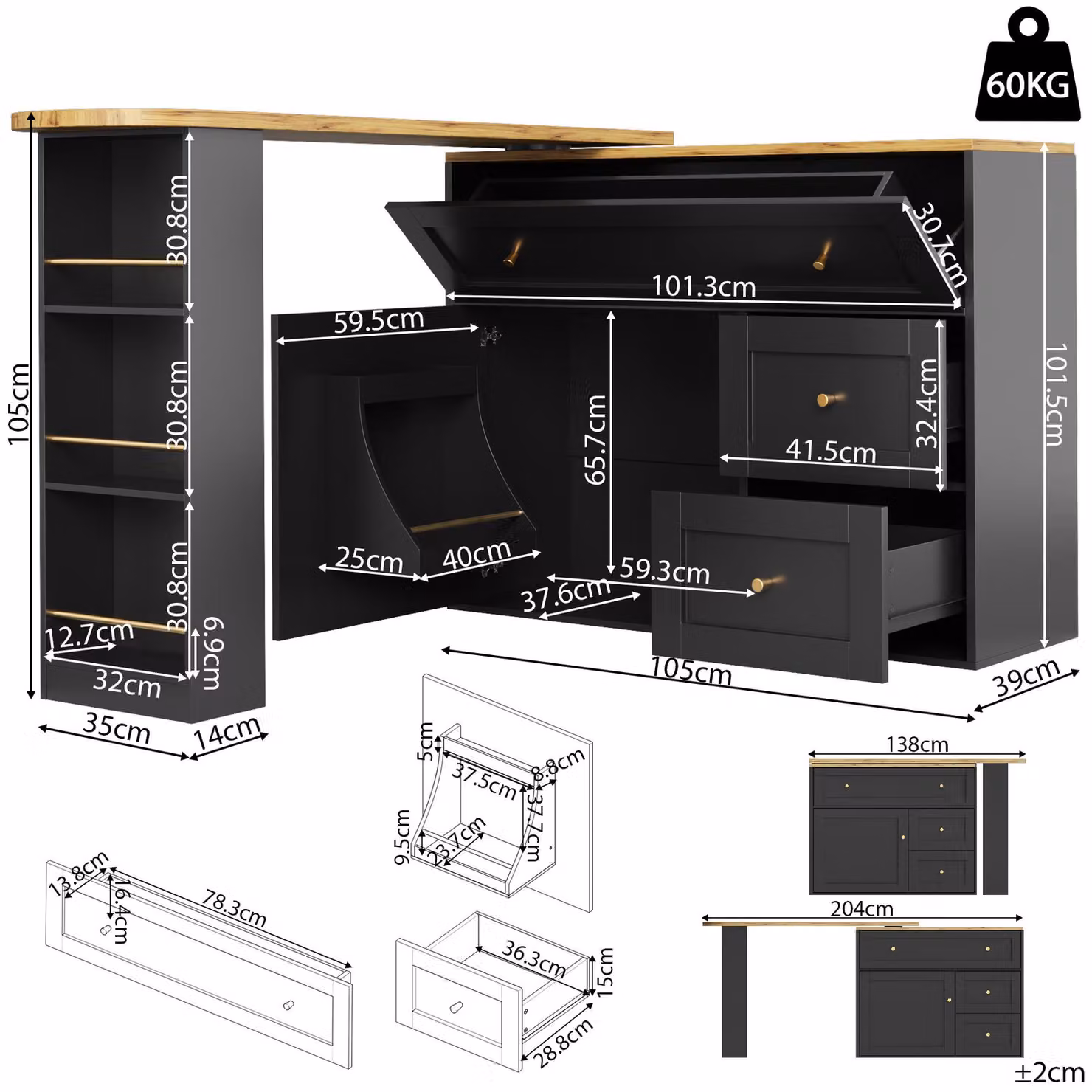 Aosom UK Black Extendable Bar Table with 360 Degree Rotating Top and Storage Drawers, W: 39 cm, D: 39 cm, H: 105 cm – 2