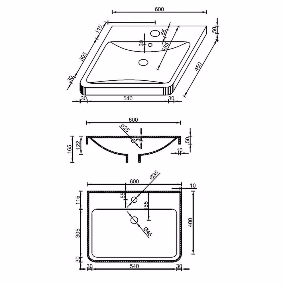 KORVIXA White Rectangular Resin Bathroom Wash Basin, W: 60 cm, D: 45 cm, H: 16.5 cm – 2