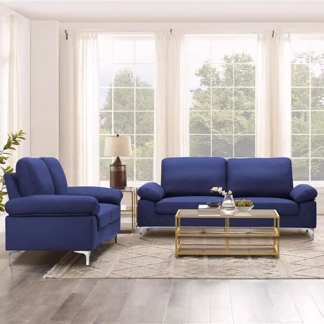 Kosy Koala Modern 3 and 2 Seater Fabric Sofa Set with Chrome Feet in Blue