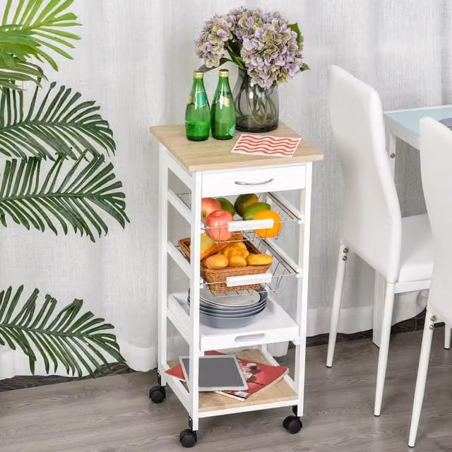 HOMCOM Mobile Rolling Kitchen Island Trolley with Metal Baskets in White and Brown