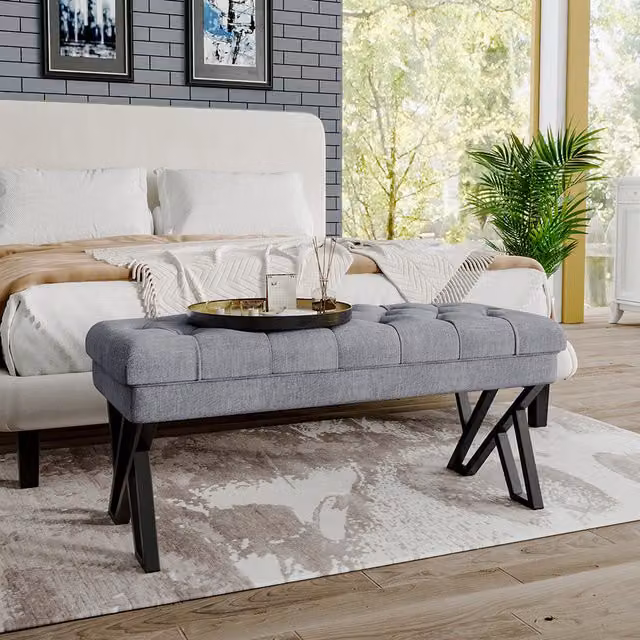 Livingandhome Grey Linen Rectangular Pouffe Footstool and Upholstered Seat Bench