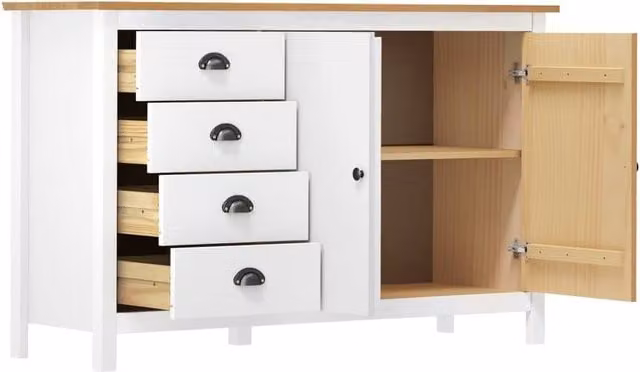 Berkfield Home Hill Sideboard in White Solid Pine Wood, W/D/H: 130 x 40 x 80 cm