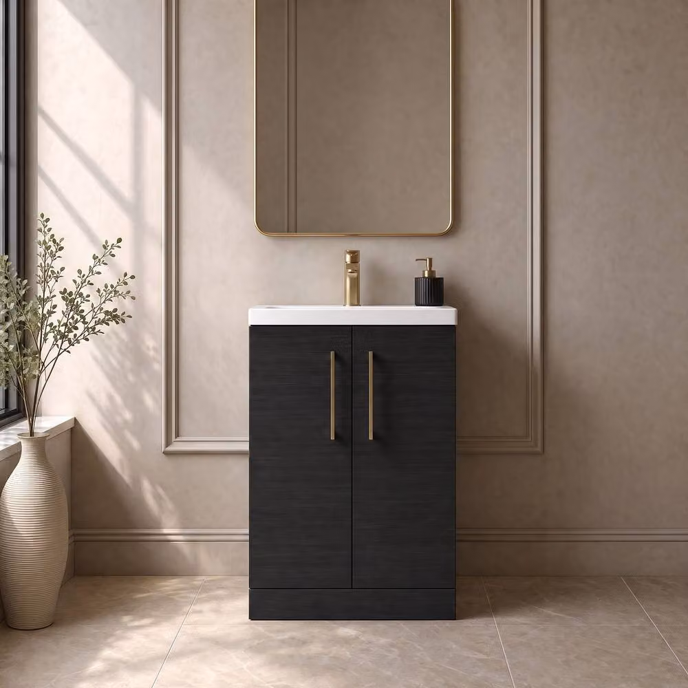 Balterley Modern Black Wood Freestanding Bathroom Vanity Unit with Soft Close Hinged Doors and LED Lighting, Width: 50 cm – 5