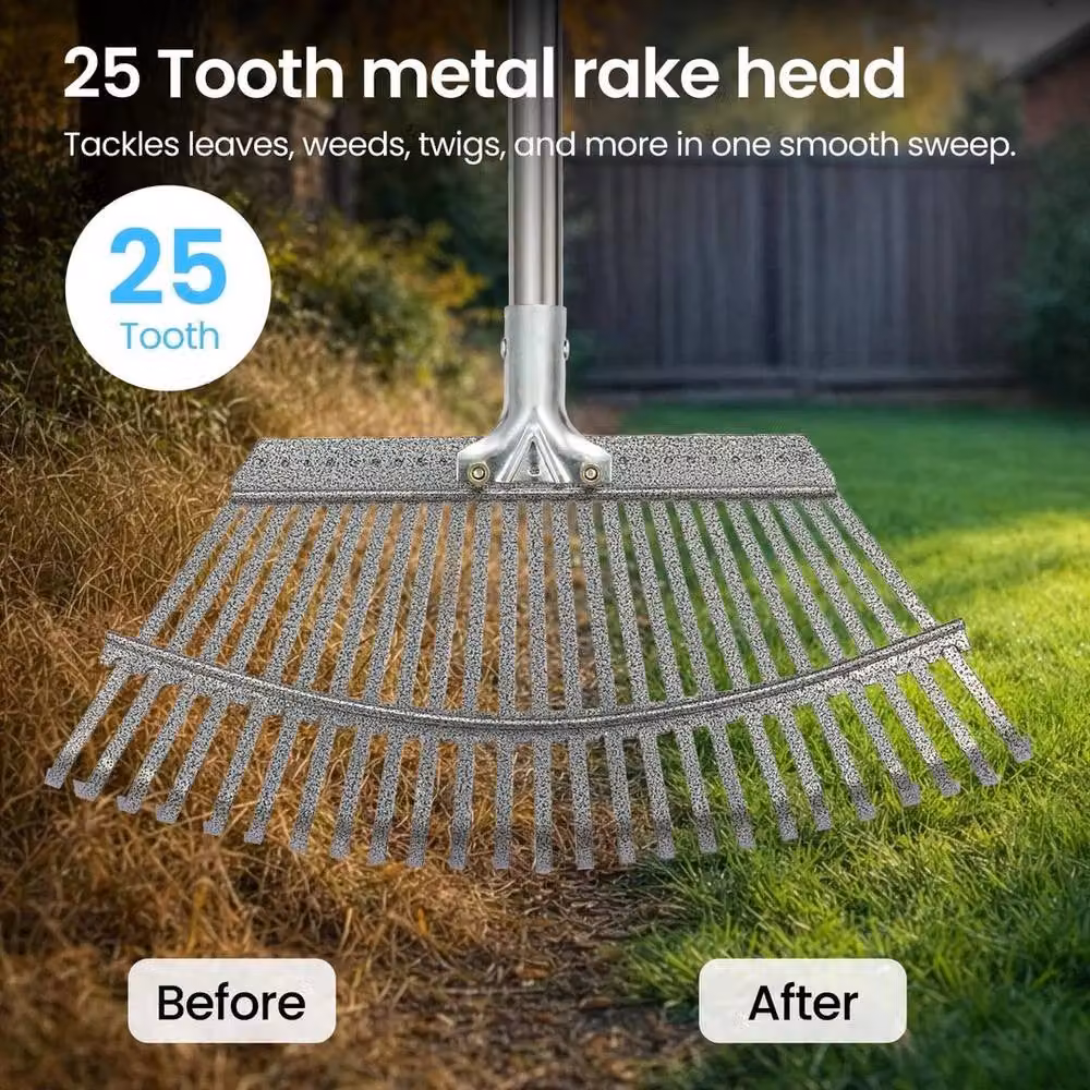 EONLION Adjustable Heavy Duty Metal Garden Rake with Tines in Silver – 3
