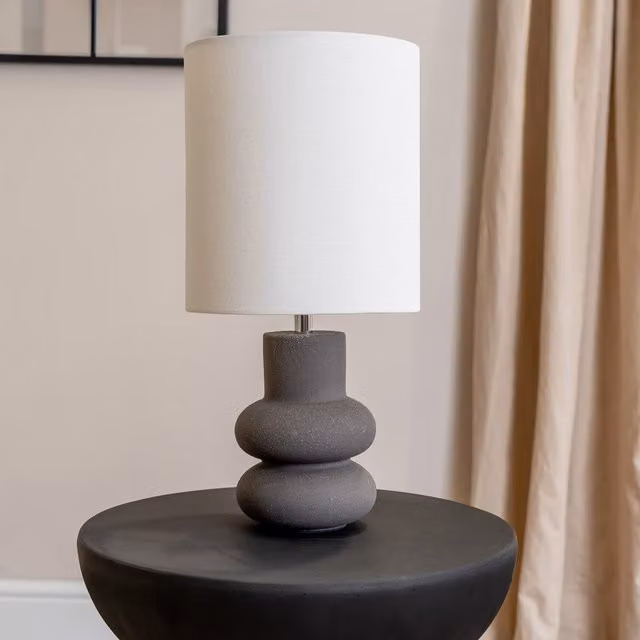 Jude Stacked Abstract Ceramic Table Lamp with Linen Shade in Black and Grey
