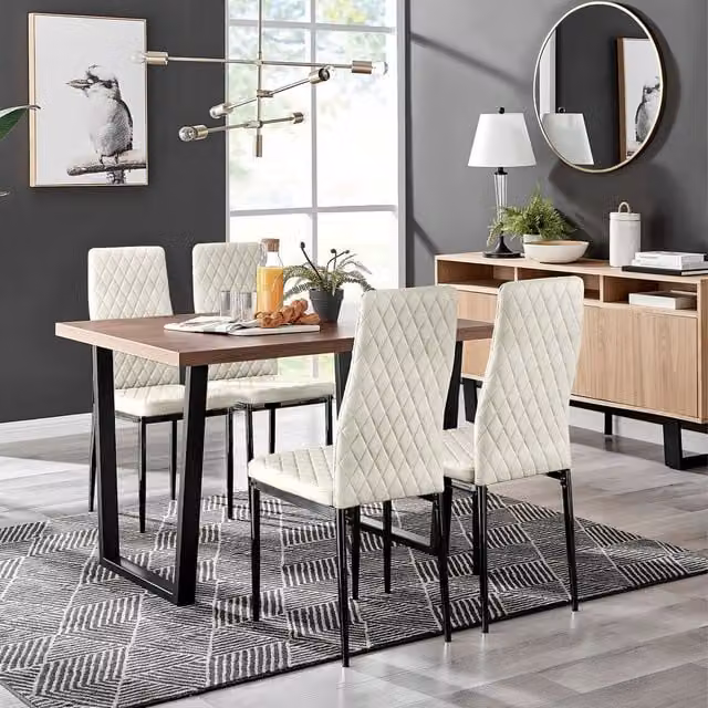 FurnitureboxUK Kylo Brown Wood Effect Dining Table and 4 Cream Velvet Milan Chairs with Black Legs