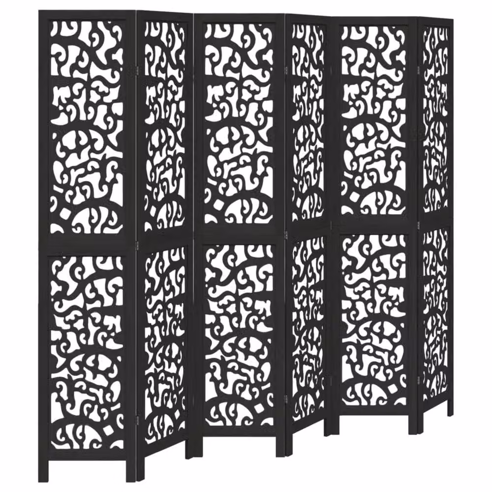 Berkfield Home 6-Panel Room Divider in Black Solid Paulownia Wood, H 215 cm x W 200 cm x D 1.6 cm – 3