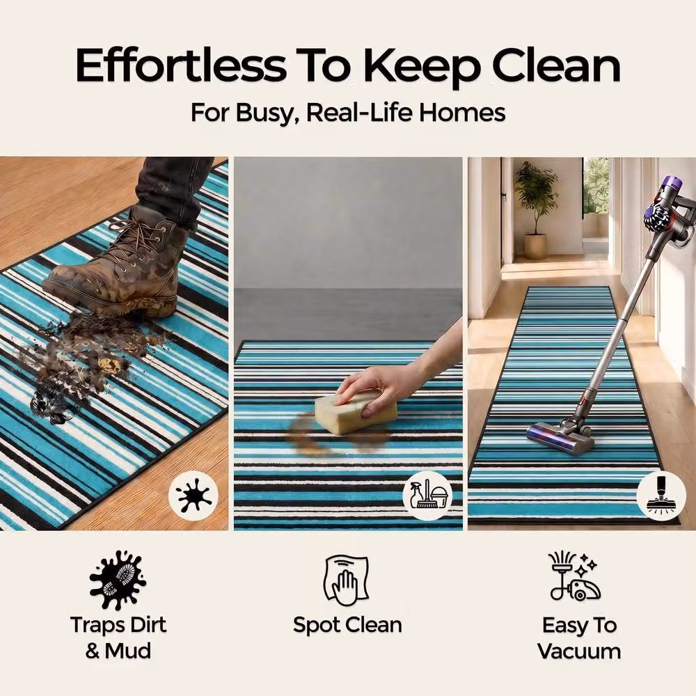 Bravich LTD Two Tone Striped Hallway Runner Rug, Non Slip Low Pile Polypropylene, Petrol Teal, W: 60 cm, L: 240 cm – 6