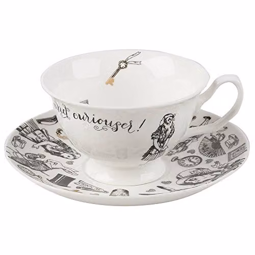 Creative Tops Alice in Wonderland Bone China Tea Cup and Saucer, White and Gold, 210 ml