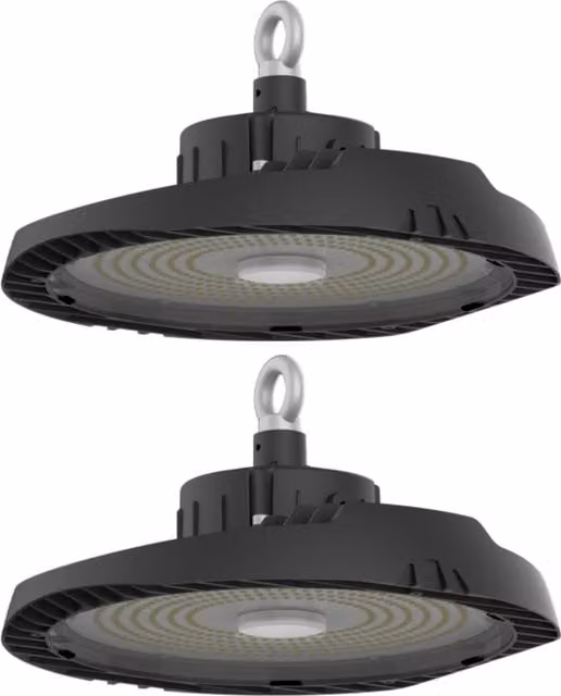 First Choice Lighting Set of 2 High Bay Outdoor Ceiling Pendant Lights in Black and Transparent Glass