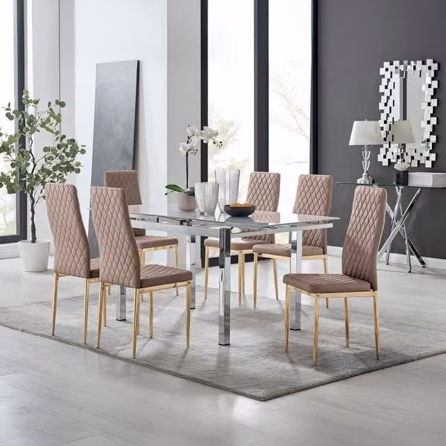 FurnitureboxUK Enna White Glass Extending Dining Table and 6 Milan Chairs with Gold Legs in Cappuccino
