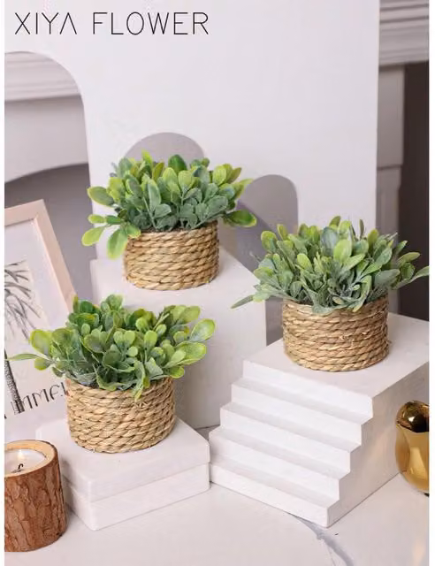 Dyzi Set of 3 Mini Green Artificial Potted Plants in Round Rattan Style Plastic Pots for Tabletop Decor