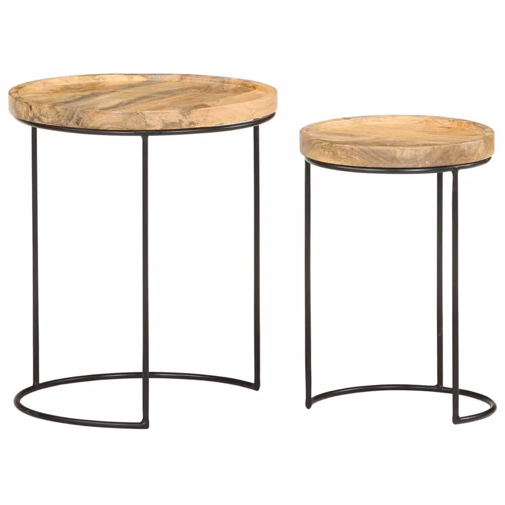 Berkfield Home Beautiful 2 Piece Round Coffee Table Set in Brown Mango Wood and Black Steel – 2