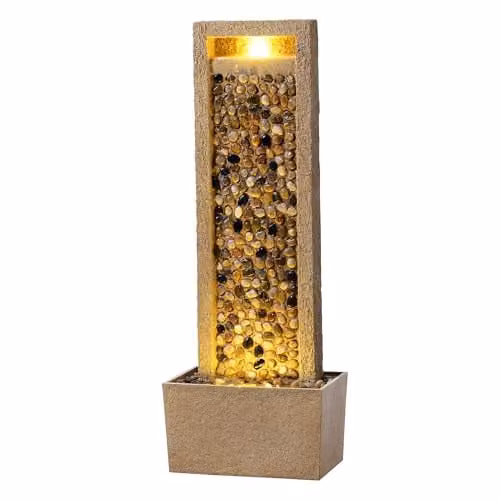 Teamson Home Brown Outdoor Water Feature Tall Waterfall Fountain with Warm LED Lights and Layered Rock Design, H: 91.95 cm x W: 21.59 cm x D: 21.59 cm