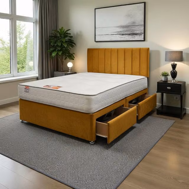 Knight Sleep Paris Plush Double Bed Set with Mattress, 2 Drawers and 24 inch Headboard in Mustard Yellow