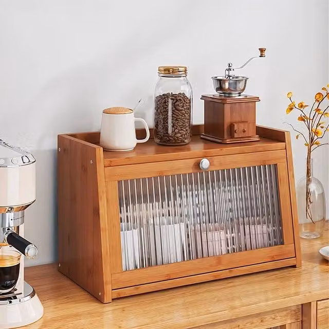 SPETLEK Modern Brown Wooden Counter Top Cabinet with Glass Doors