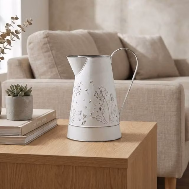 Garden Greatness Relica Floral Blanc Decorative Metal Jug Vase in White and Multicolour, H 22.0 cm x W 15.0 cm x D 15.0 cm