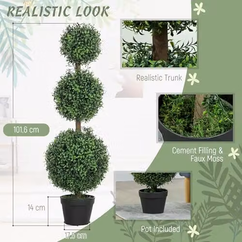 HOMCOM Set of 2 Green Decorative Artificial Trees with 3 Round Balls, Height: 100 cm – 3