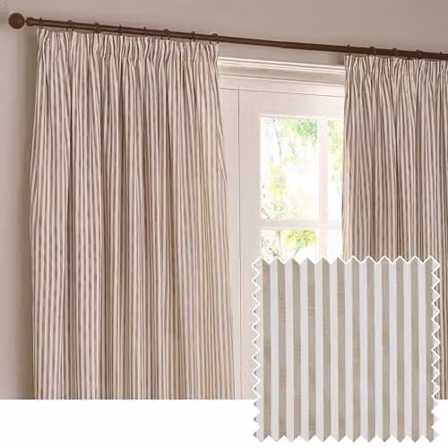 Riva Home Yard Hebden Striped Pencil Pleat Curtain Pair, Beige/Sand, W: 168 cm, H: 183 cm