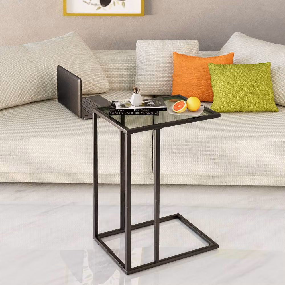 Huhote C-Shaped Tempered Glass End Table with Black Metal Frame, W/D/H: 60 x 40 x 25 cm – 2