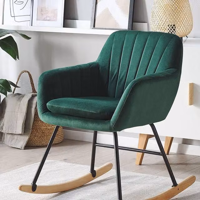 Wyld and Coco Green Velvet Rocking Chair with Metal Frame and Wooden Runners – 1