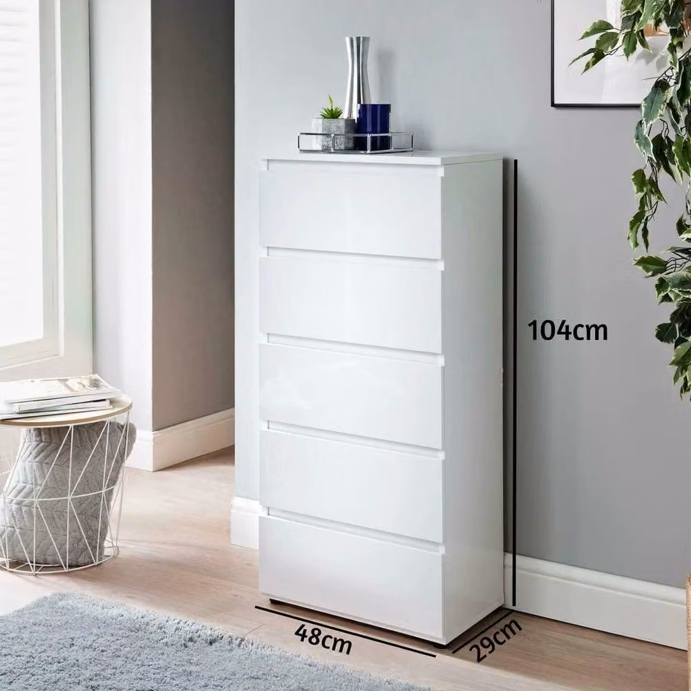 PAWNORA White High Gloss 5 Drawer Chest of Drawers – 2