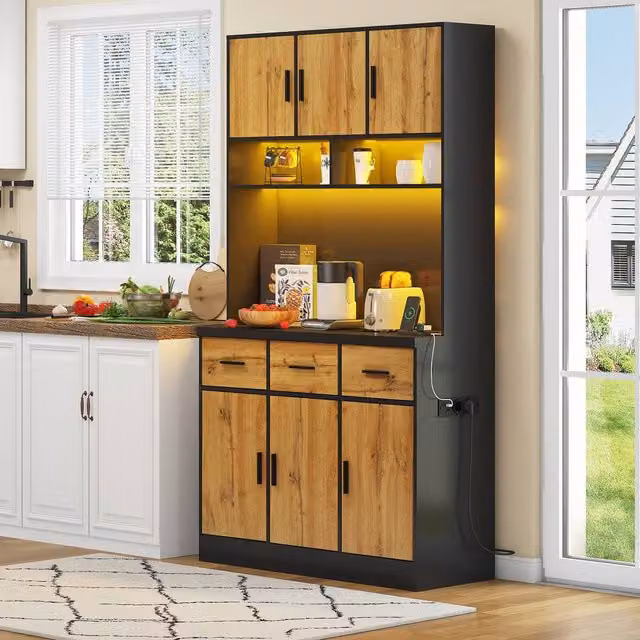 Merax Modern Black Kitchen Tall Pantry Cabinet with LED Lighting and Integrated Shelves, H 180 x W 40 x D 100 cm