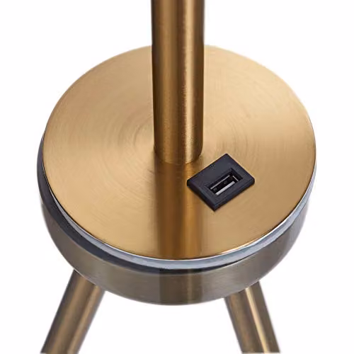 Teamson Home Mid-Century Modern LED Tripod Floor Lamp with Glass Tabletop and Built-in USB Charging Port, Gold and White – 3