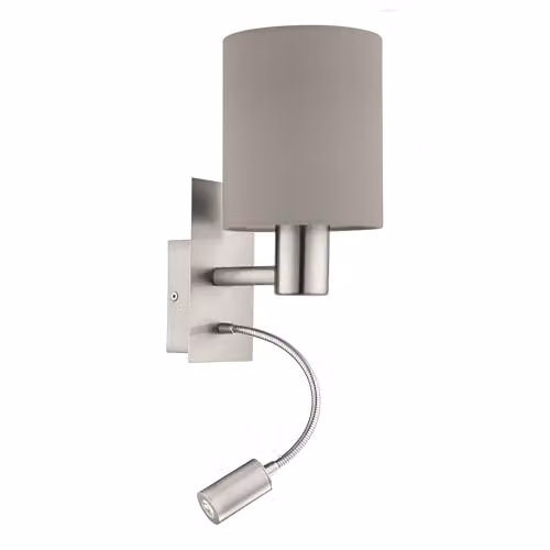 Eglo Pasteri LED Fabric and Metal Wall Light with Adjustable Reading Lamp in Taupe, Grey or Beige