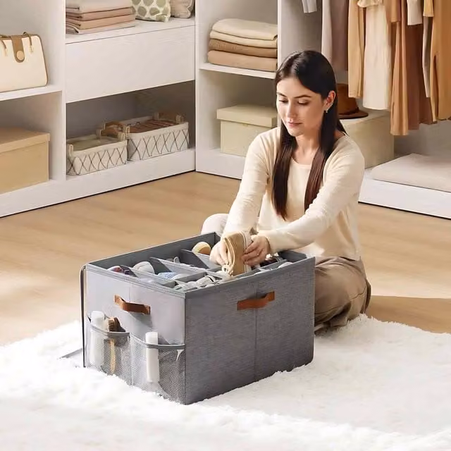 The Bazaarist Set of 2 Fabric Shoe Storage Boxes with Transparent Lids and Handles, Grey – 1