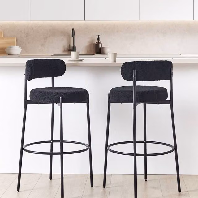 Wyld and Coco Set of 2 Black Boucle Armless Bar Stools with Matt Black Steel Legs – 1