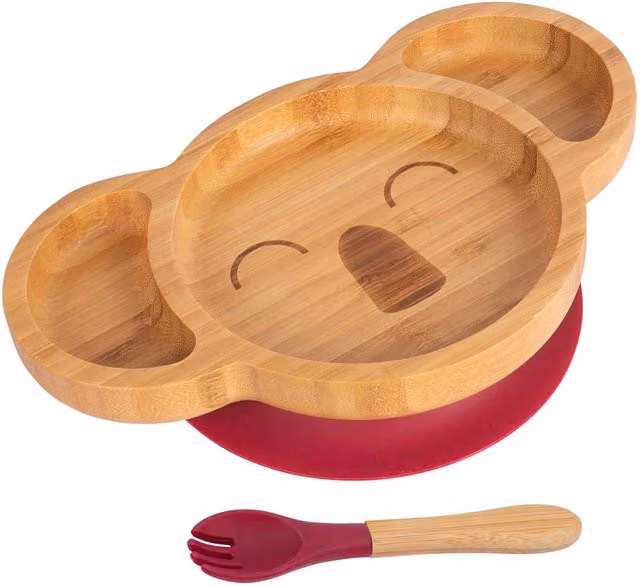 Tiny Dining Bamboo Koala Baby Weaning Plate and Fork Set in Red